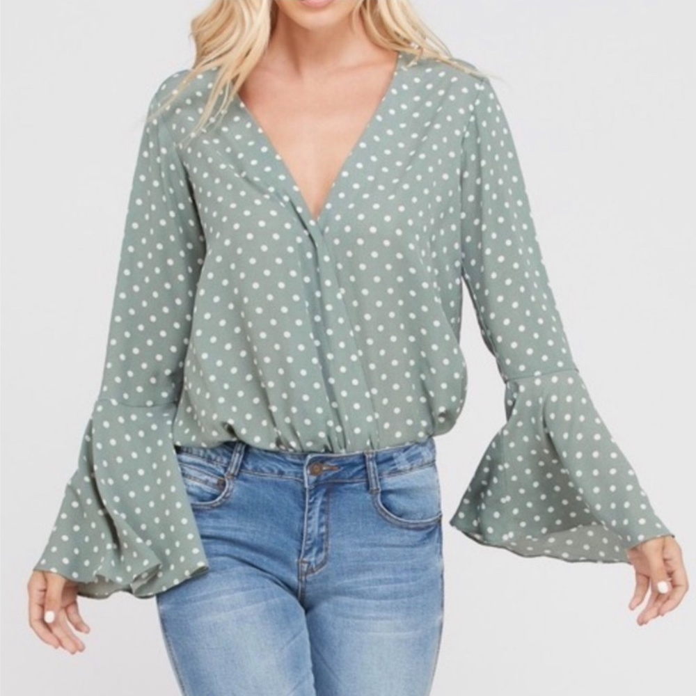Sage Polka Dot Long Sleeve Bodysuit Top S M L NWT